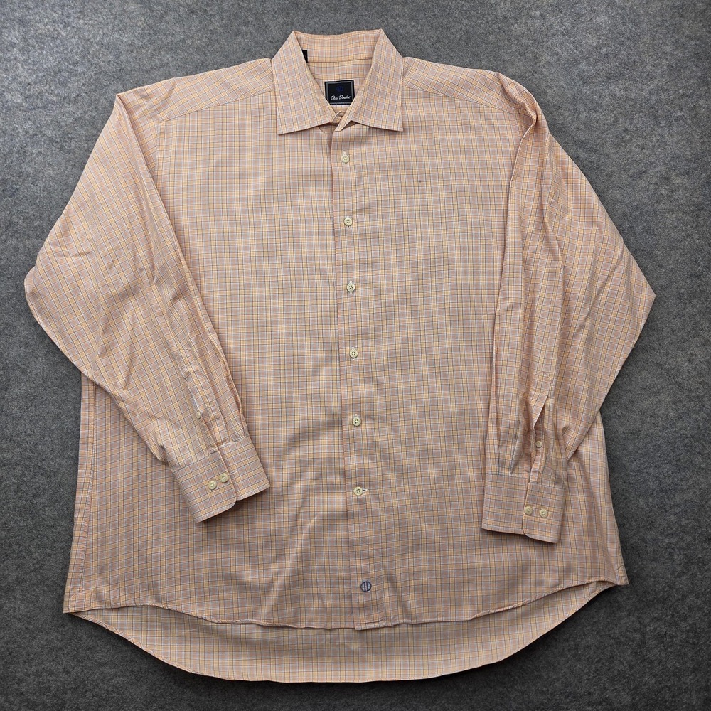David Donahue Dress Shirt Mens 18 34/35 Orange Check Classic Fit Long Sleeve